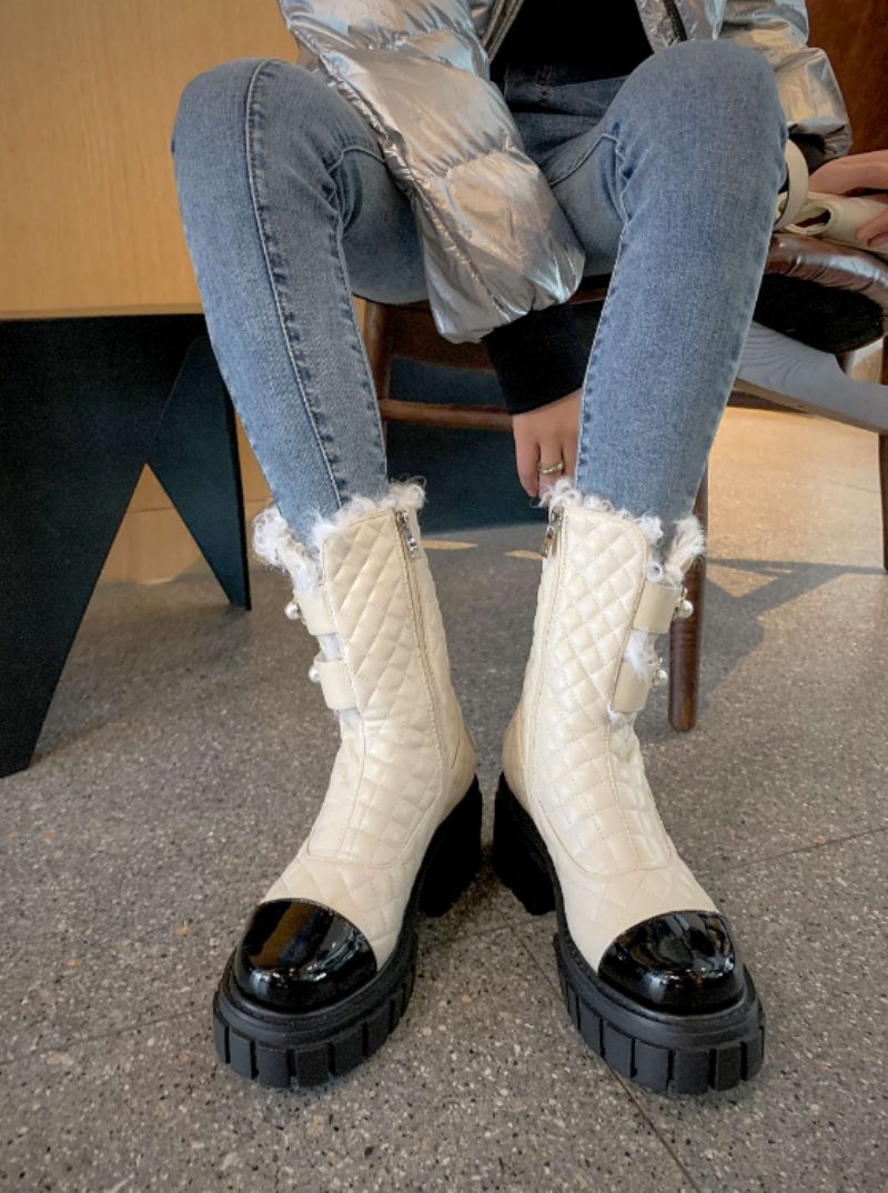 Kristen Zwarte Hoge Hak Snow Boots Voor Dames Met Parel Mid-calf Decoratie - Zwart