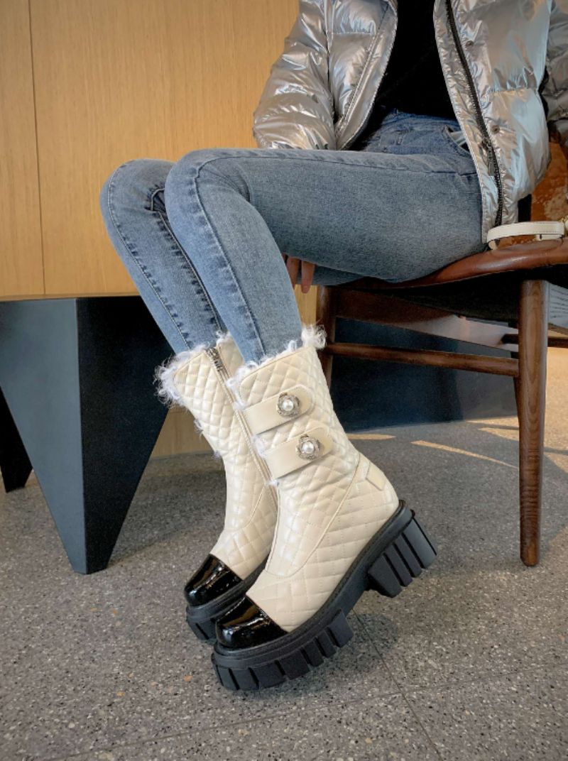 Kristen Zwarte Hoge Hak Snow Boots Voor Dames Met Parel Mid-calf Decoratie - Zwart