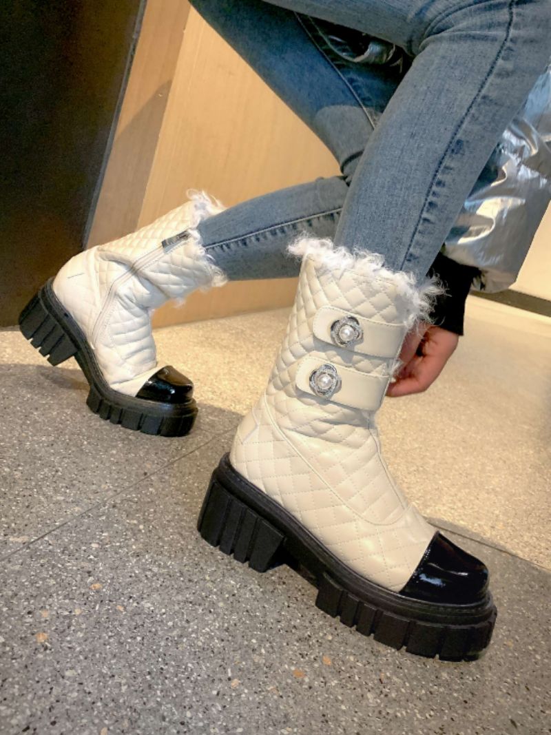 Kristen Zwarte Hoge Hak Snow Boots Voor Dames Met Parel Mid-calf Decoratie - Zwart