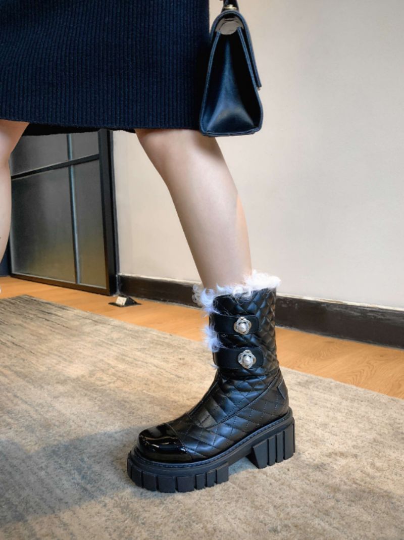 Kristen Zwarte Hoge Hak Snow Boots Voor Dames Met Parel Mid-calf Decoratie - Zwart