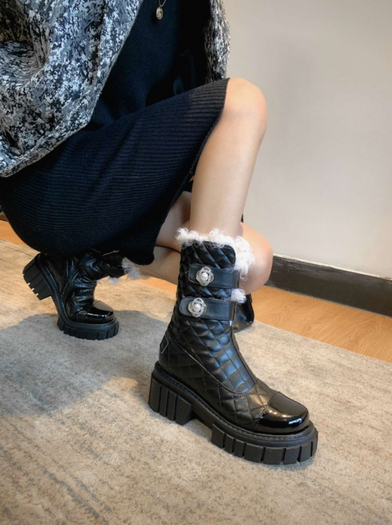 Kristen Zwarte Hoge Hak Snow Boots Voor Dames Met Parel Mid-calf Decoratie - Zwart