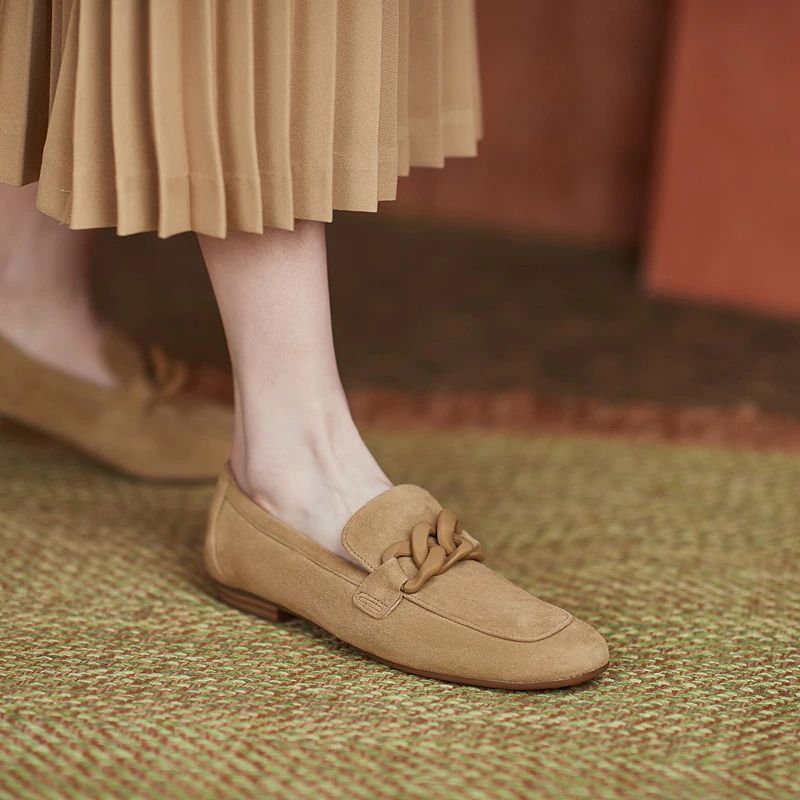 Laura Dames Platte Leren Loafer Schoenen - Abrikoos