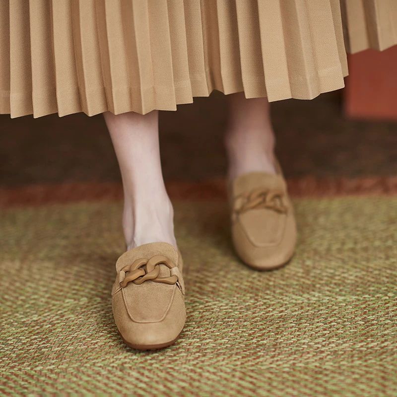 Laura Dames Platte Leren Loafer Schoenen - Abrikoos