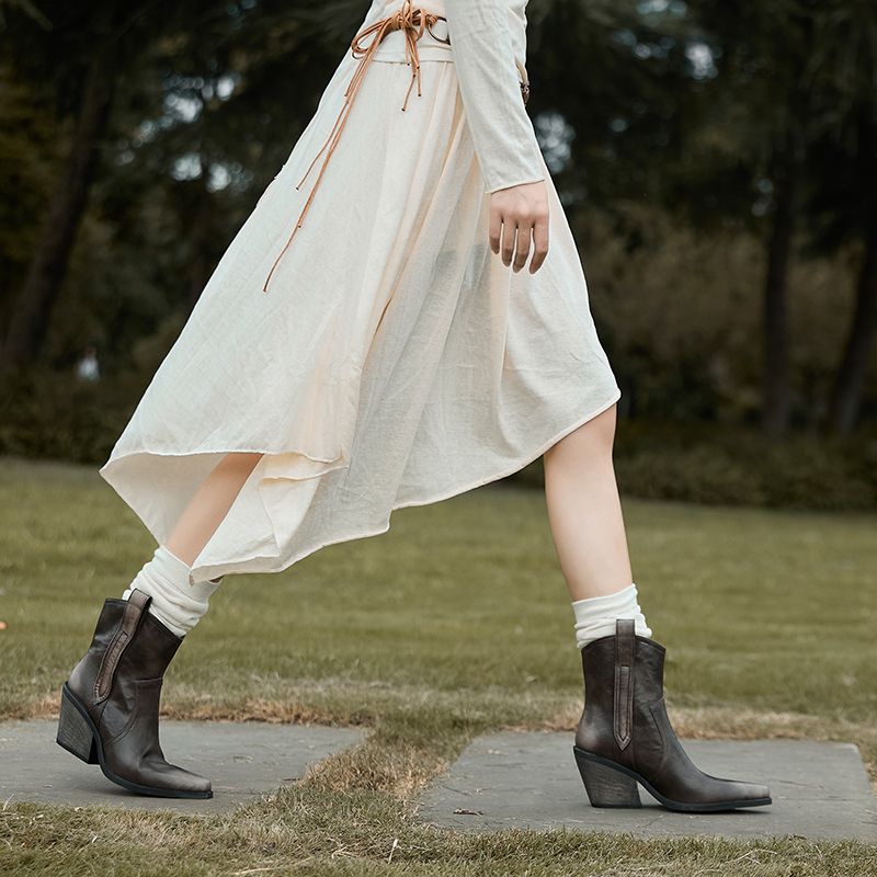 Linares Dames Cowboy Leren Laarzen - khaki