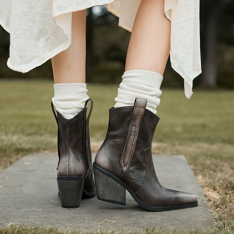 Linares Dames Cowboy Leren Laarzen - khaki