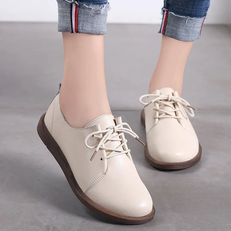 Lizzy Dames Leren Veter Oxfords Platte Schoenen - Beige