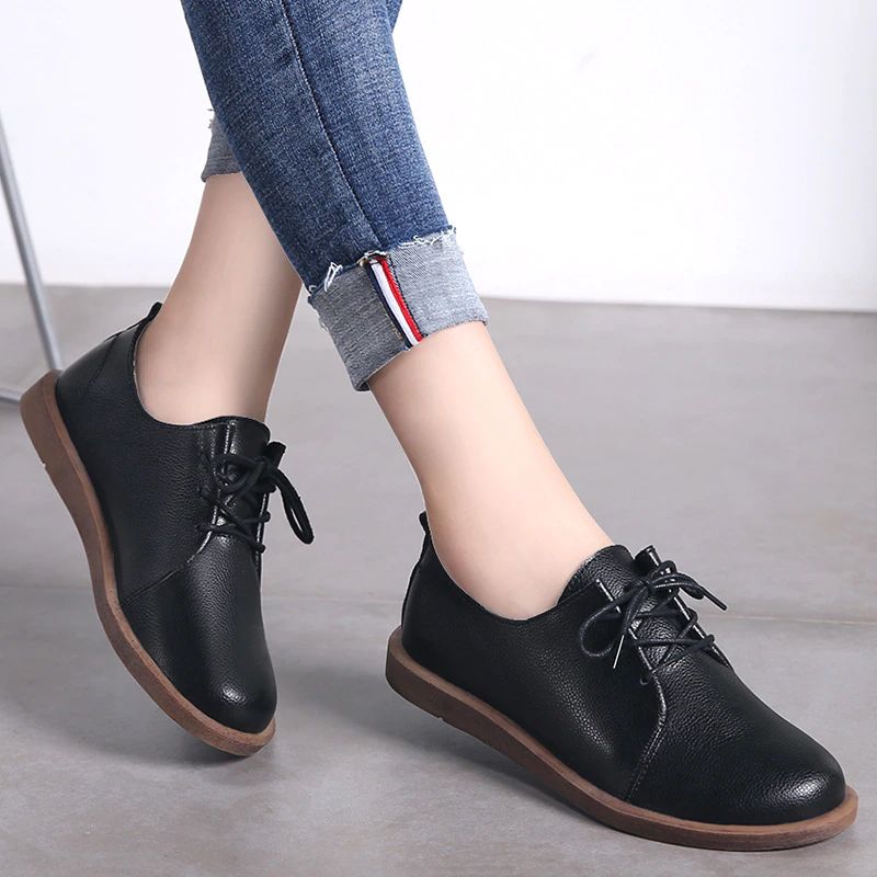 Lizzy Dames Leren Veter Oxfords Platte Schoenen - Beige