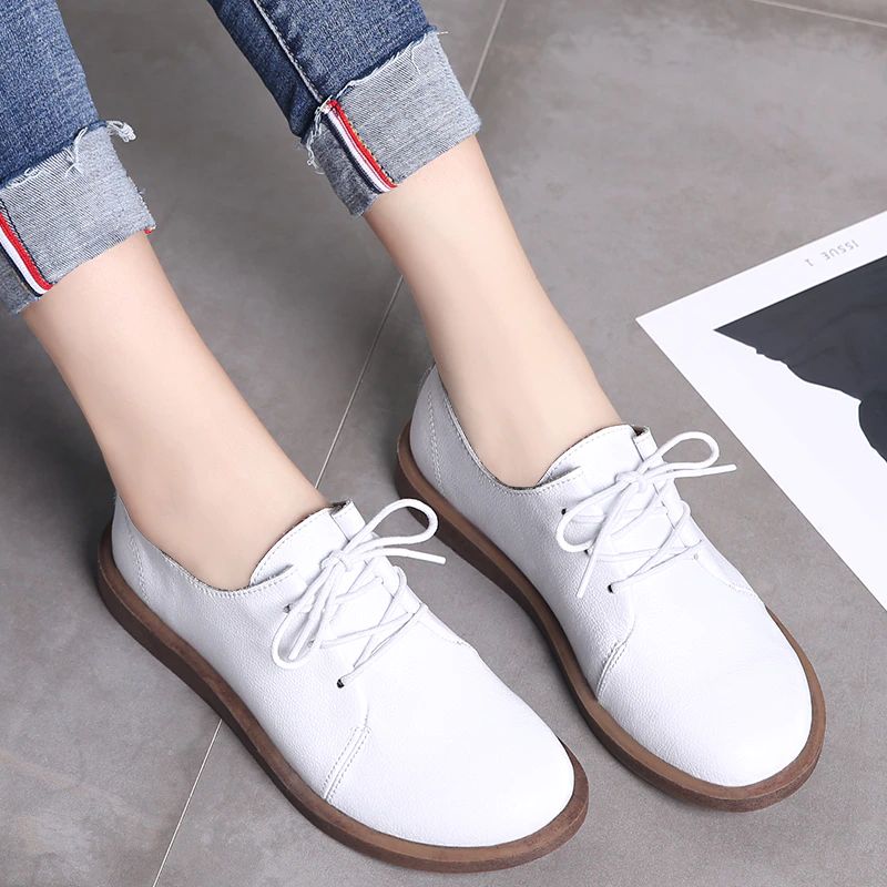 Lizzy Dames Leren Veter Oxfords Platte Schoenen - Beige
