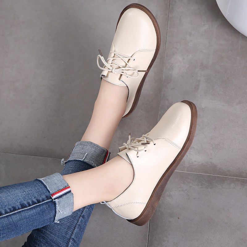 Lizzy Dames Leren Veter Oxfords Platte Schoenen - Beige