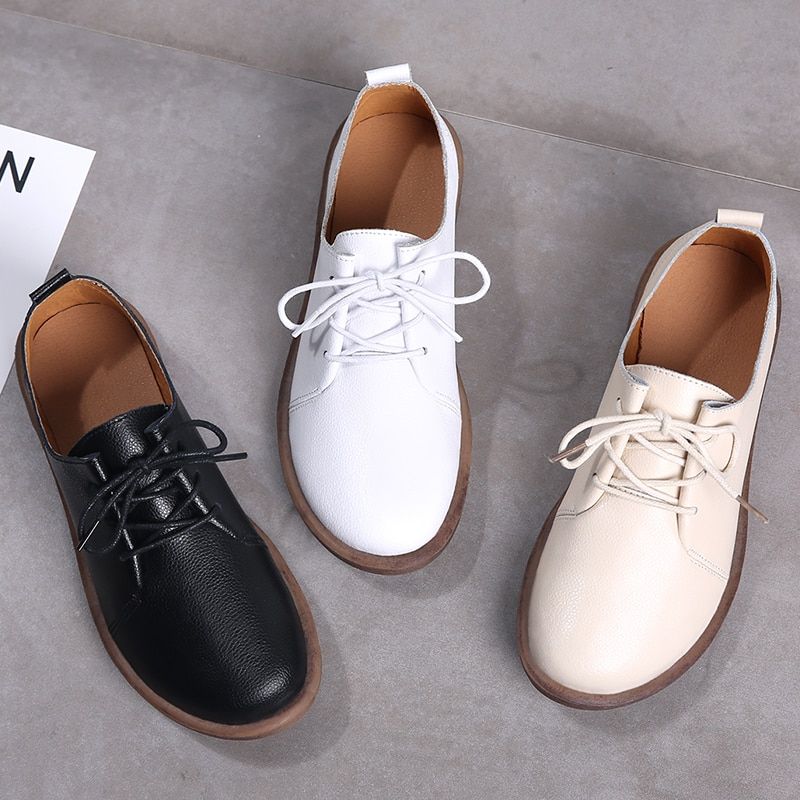 Lizzy Dames Leren Veter Oxfords Platte Schoenen - Beige