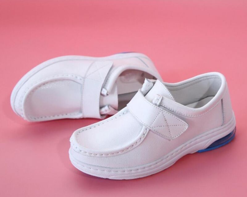 Lorent Dames Platte Leren Nurse Loafer Schoenen - Wit