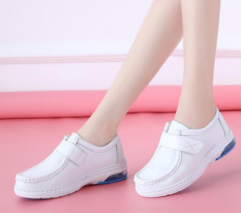 Lorent Dames Platte Leren Nurse Loafer Schoenen - Wit