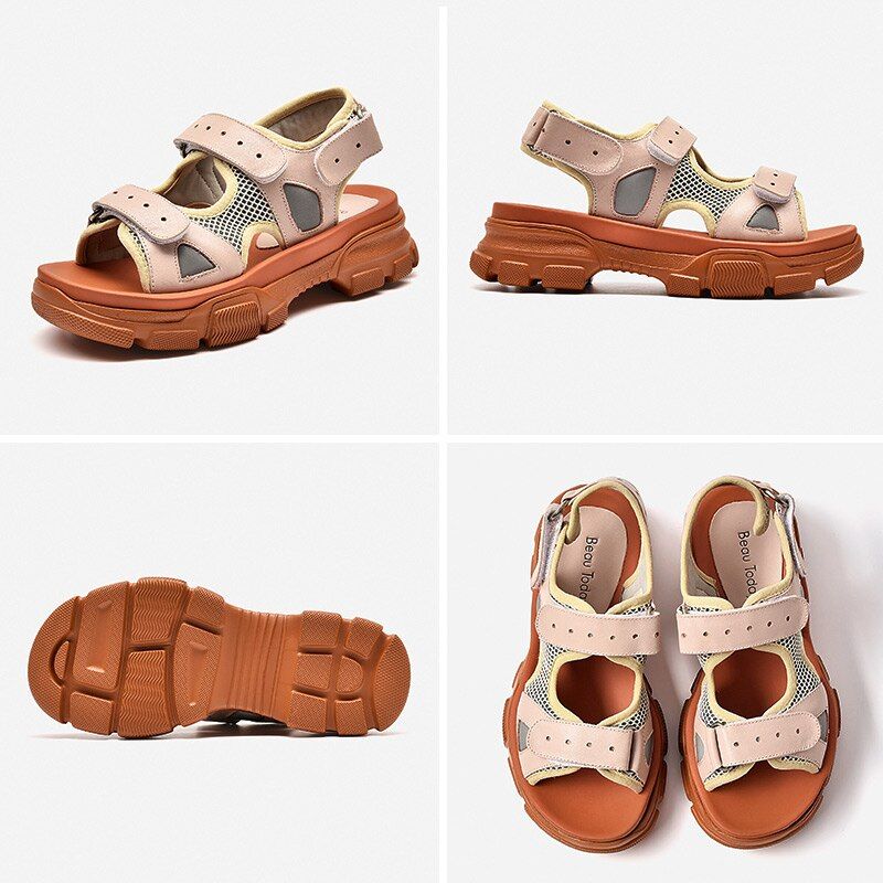Luchi Dames Klittenband Leren Platform Sandaal - Roze