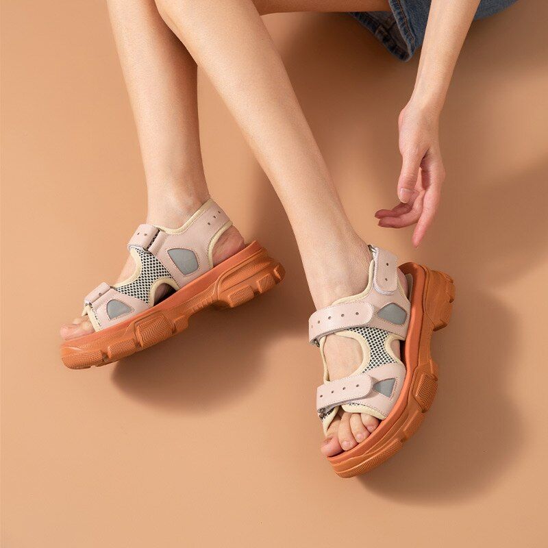 Luchi Dames Klittenband Leren Platform Sandaal - Roze