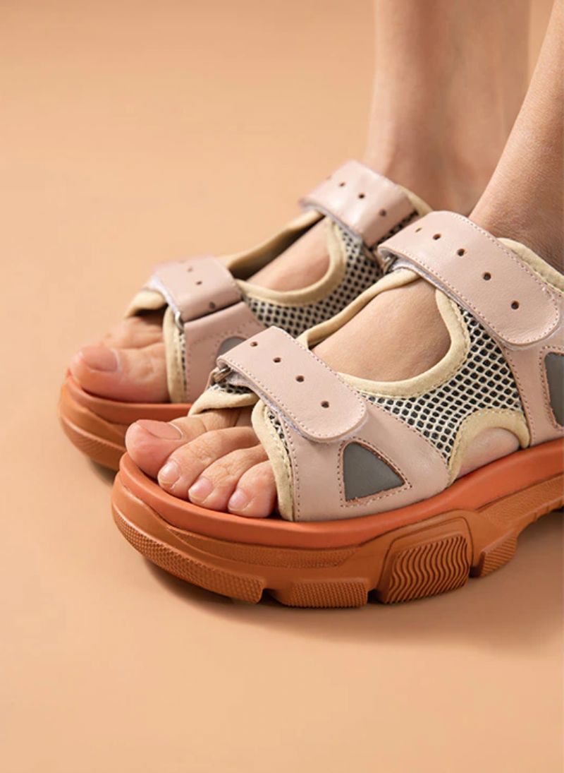 Luchi Dames Klittenband Leren Platform Sandaal - Roze