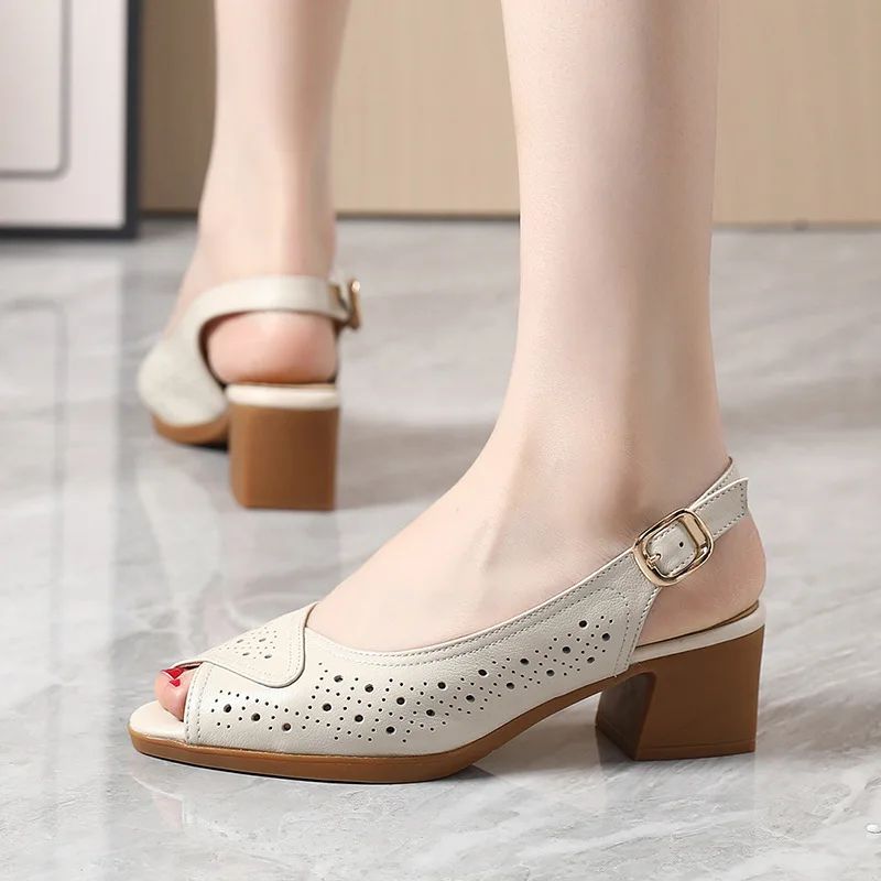 Lucia Dames Leren Holle Sandalen - Beige