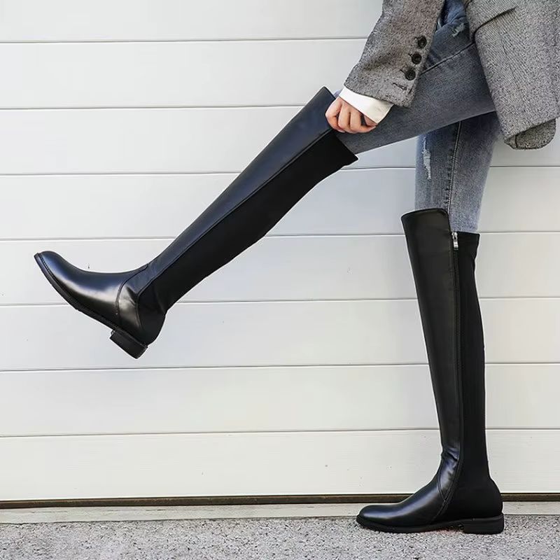 Lucrecia Dames Leren Overknee Platte Laarzen - Zwart