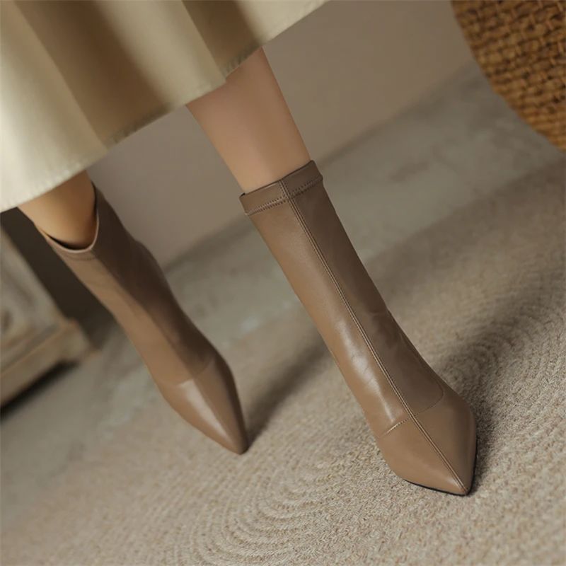 Ludy Dames Enkel Puntige Neus Laarzen - Khaki Kort Pluche