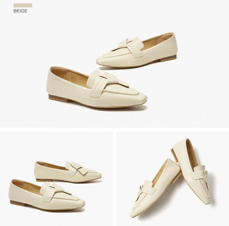 Lupita Dames Leren Loafer Schoenen Met Vierkante Neus - Beige