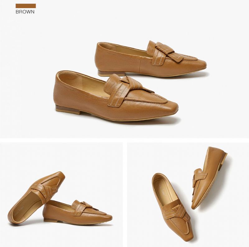 Lupita Dames Leren Loafer Schoenen Met Vierkante Neus - Beige