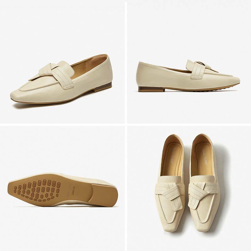 Lupita Dames Leren Loafer Schoenen Met Vierkante Neus - Beige