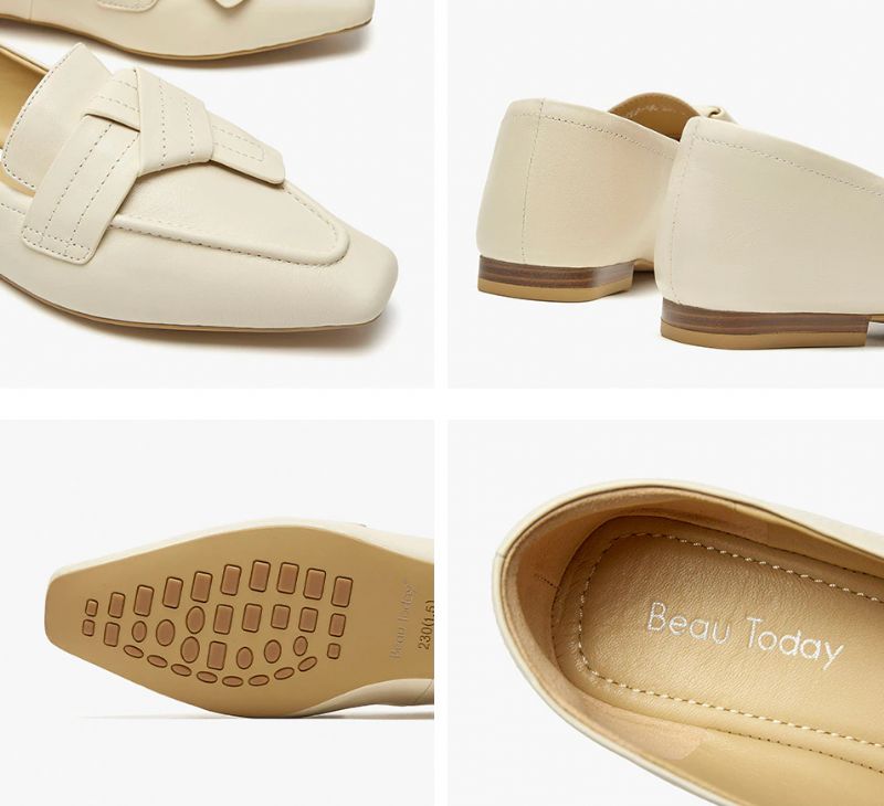 Lupita Dames Leren Loafer Schoenen Met Vierkante Neus - Beige