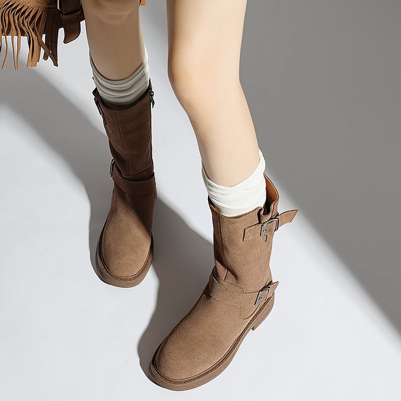 Luvy Dames Mid Calf Hoge Ronde Neus Laarzen - Zwart