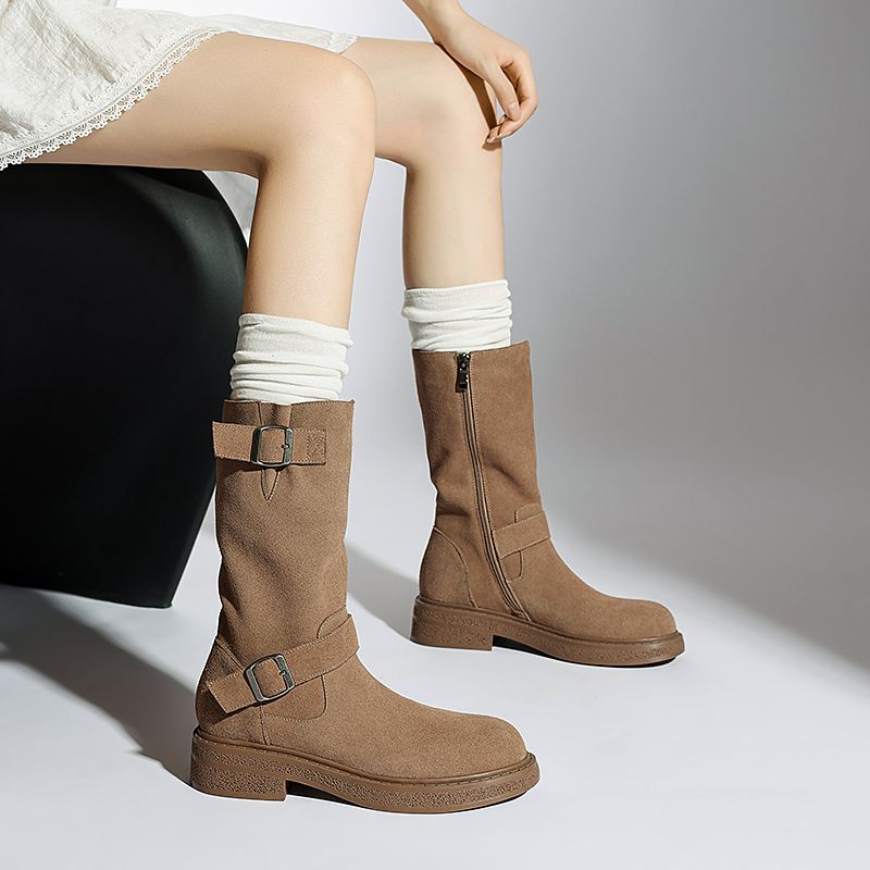 Luvy Dames Mid Calf Hoge Ronde Neus Laarzen - Zwart