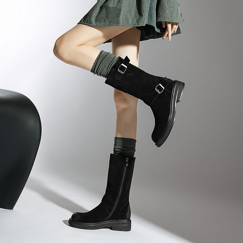 Luvy Dames Mid Calf Hoge Ronde Neus Laarzen - Zwart