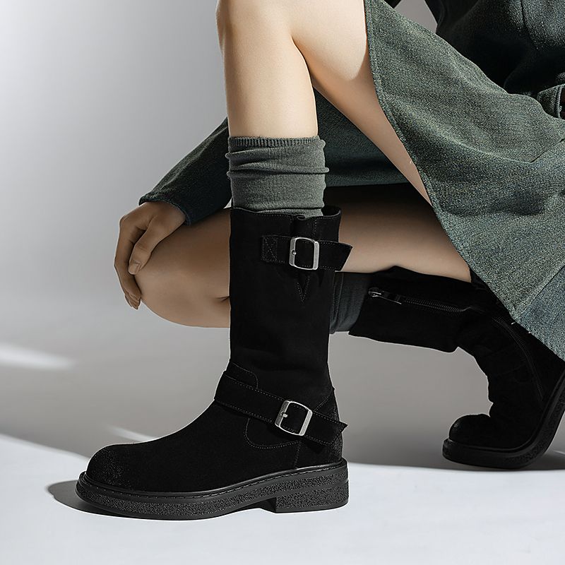 Luvy Dames Mid Calf Hoge Ronde Neus Laarzen - Zwart
