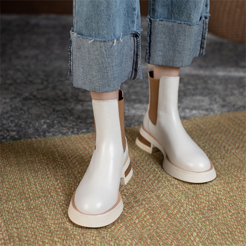 Macarena Dames Leather Chelsea Full Boots - Beige Bont