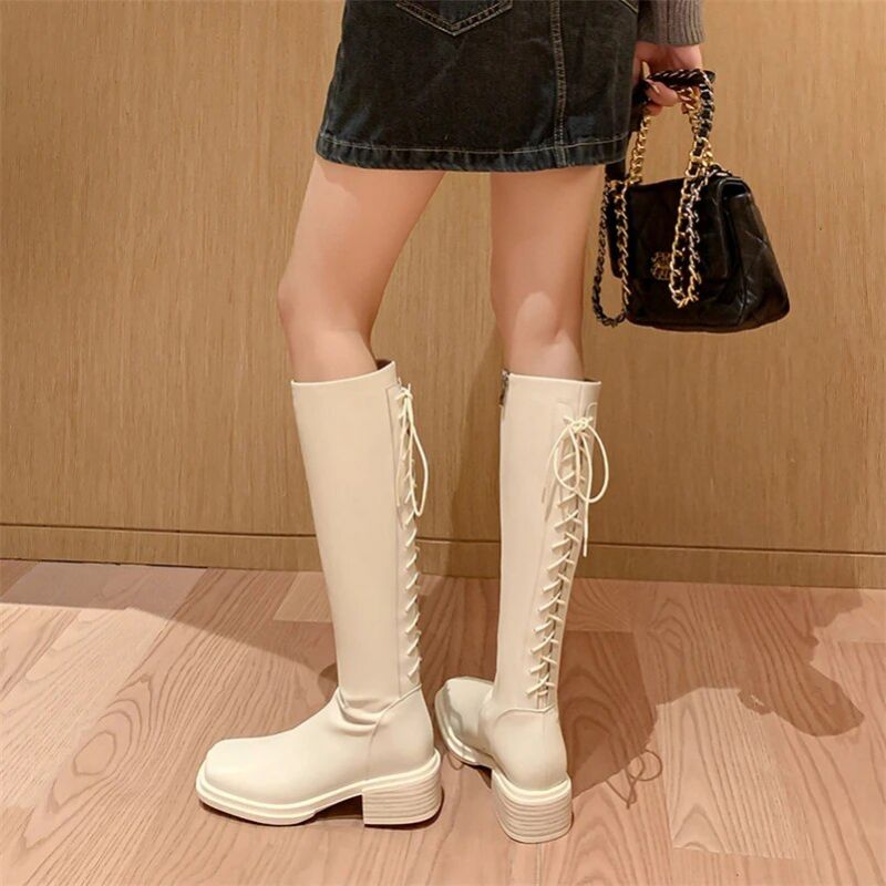 Macarena Dames Long Boots - Beige Kort Pluche