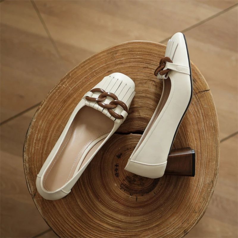 Marbella Dames Hoge Vierkante Hak Pumps - Beige