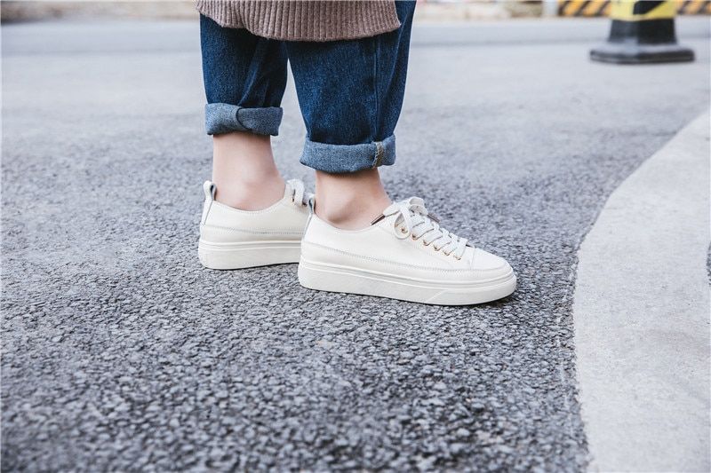 Mardin Dames Platte Leren Platform Zwarte Sneaker - Zwart