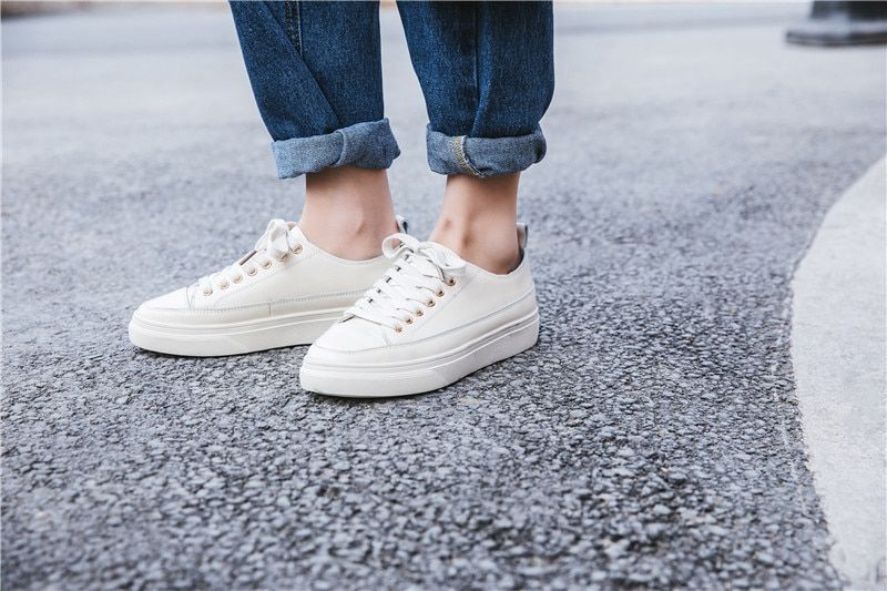 Mardin Dames Platte Leren Platform Zwarte Sneaker - Zwart