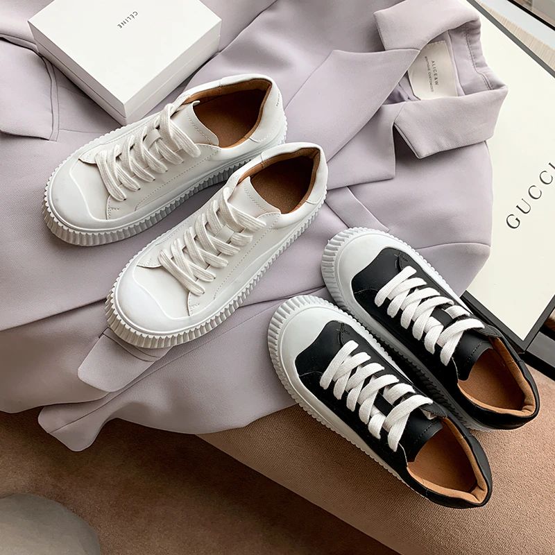 Mardin Dames Platte Leren Platform Zwarte Sneaker - Zwart