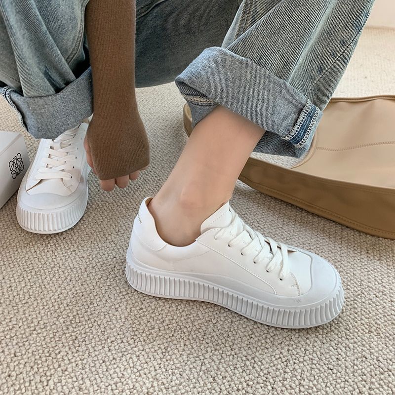 Mardin Dames Platte Leren Platform Zwarte Sneaker - Zwart