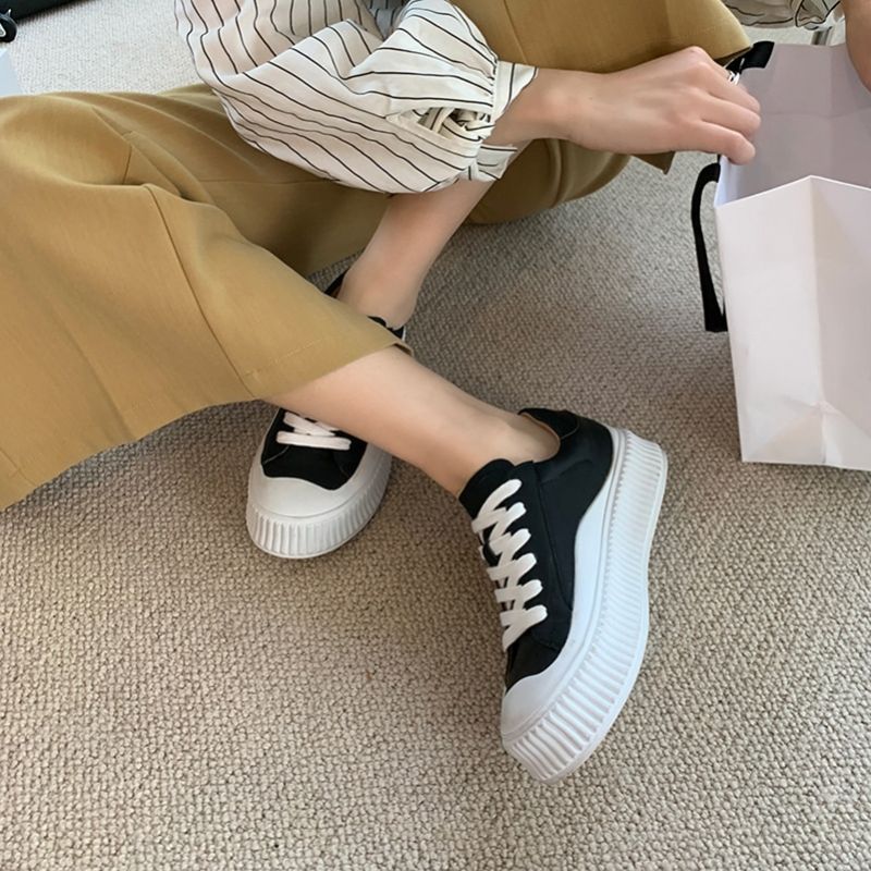 Mardin Dames Platte Leren Platform Zwarte Sneaker - Zwart