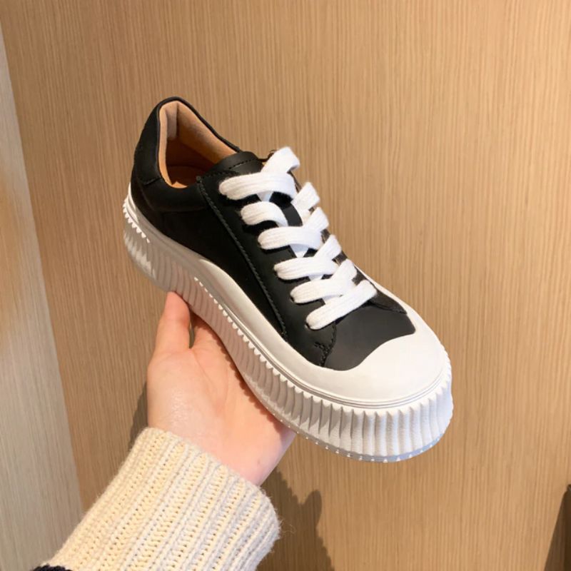 Mardin Dames Platte Leren Platform Zwarte Sneaker - Zwart