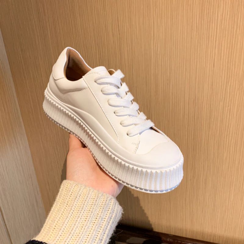 Mardin Dames Platte Leren Platform Zwarte Sneaker - Zwart