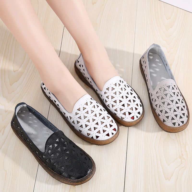 Margarita Dames Leren Ademende Platte Loafer Schoenen - Wit