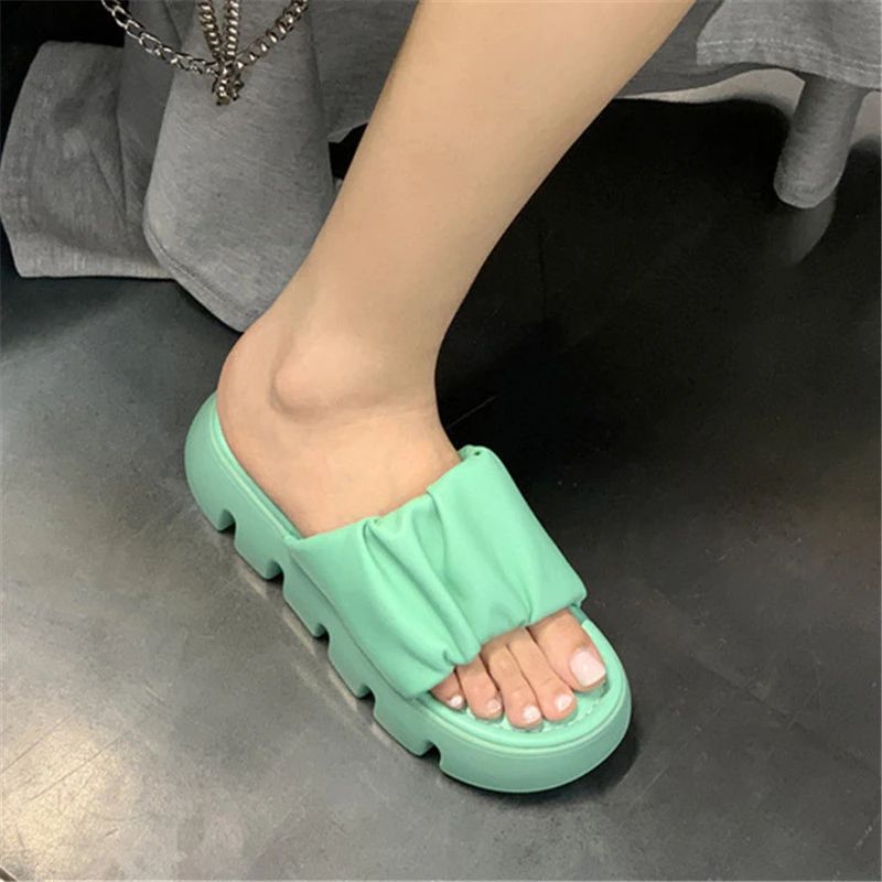 Maryn Damesplatform Leren Pantoffel - Groen