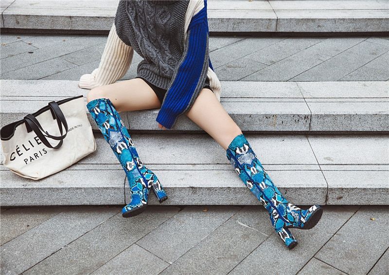 Max Dames Kniehoge Leren Laarzen - Blauw