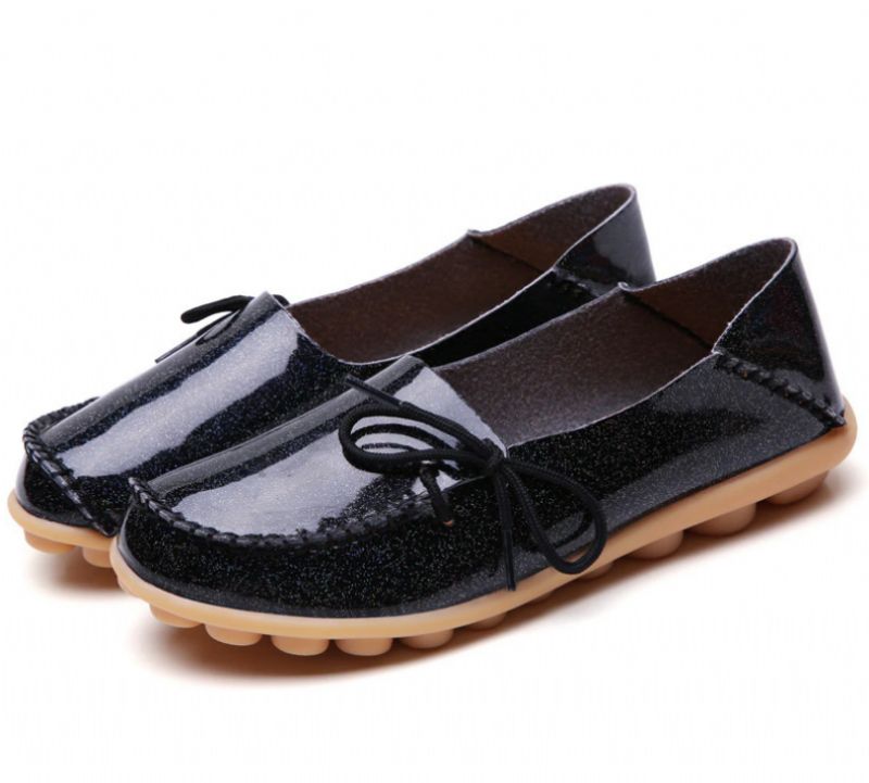 Mechi Dames Loafer Patent Platte Slip-on Schoenen - Zwart