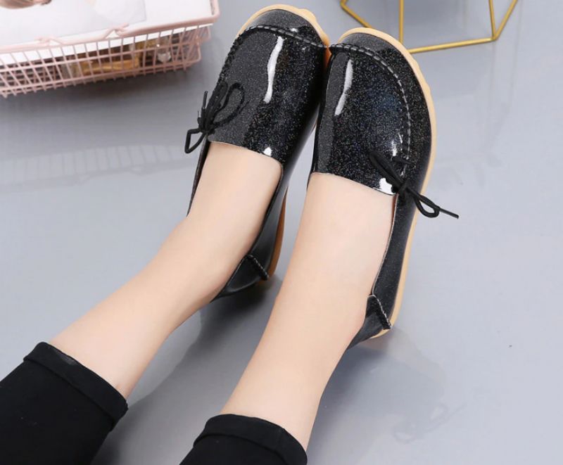Mechi Dames Loafer Patent Platte Slip-on Schoenen - Zwart