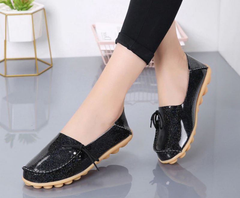 Mechi Dames Loafer Patent Platte Slip-on Schoenen - Zwart