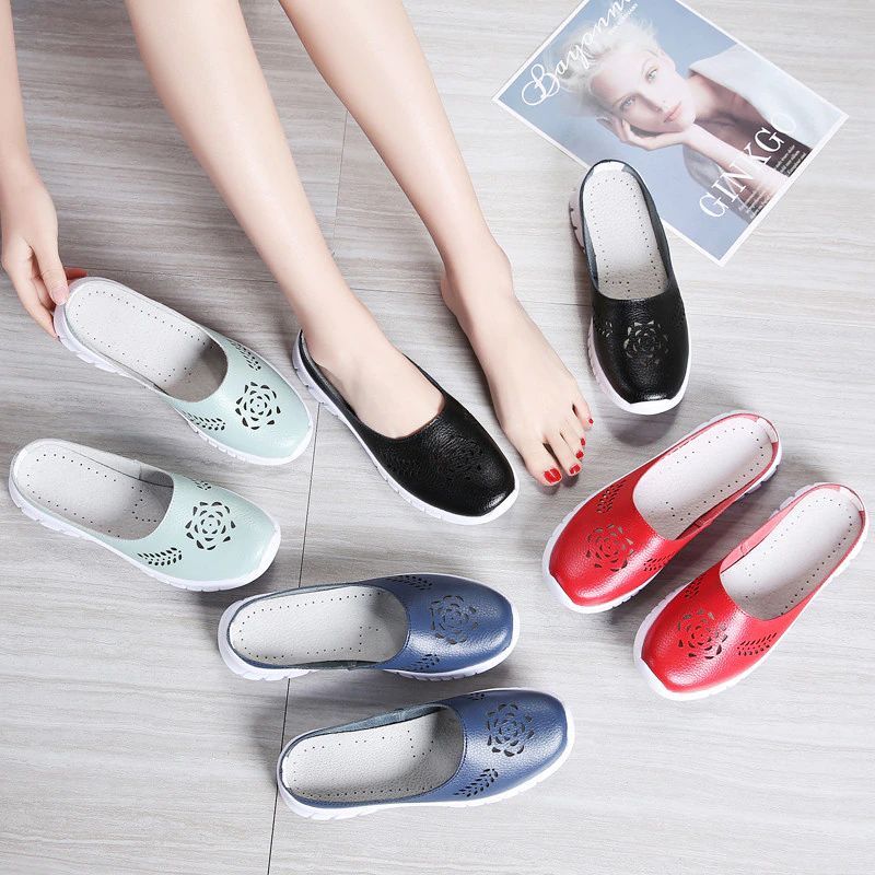 Merly Dames Echte Leren Zomer Platte Slippers Schoenen - Rood