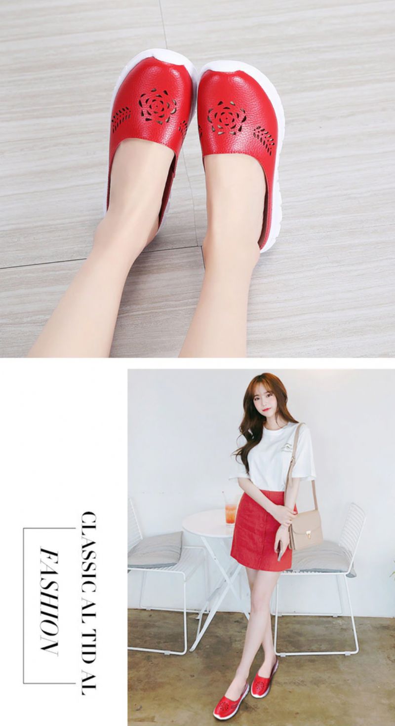 Merly Dames Echte Leren Zomer Platte Slippers Schoenen - Rood