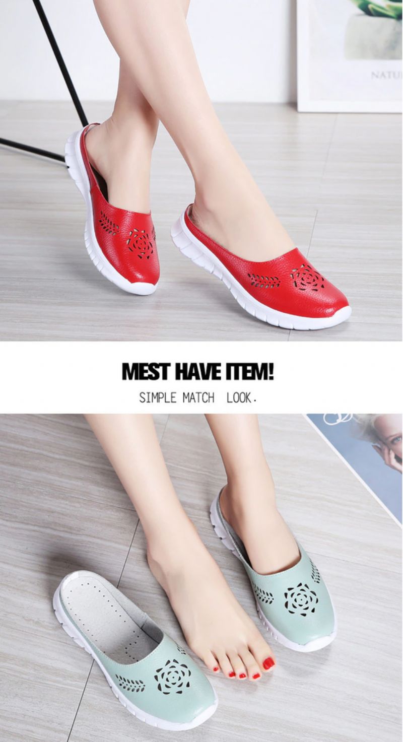 Merly Dames Echte Leren Zomer Platte Slippers Schoenen - Rood