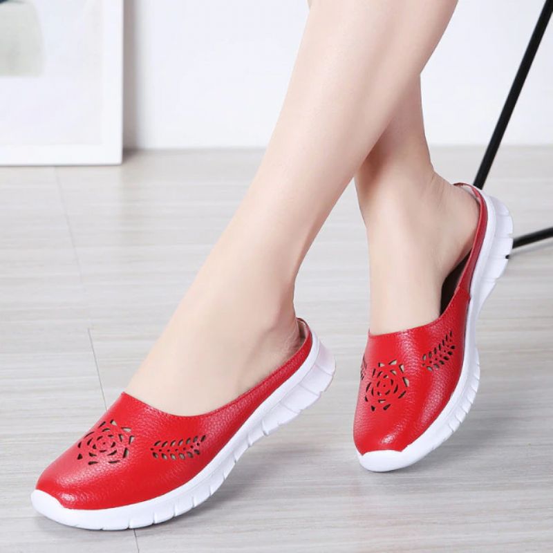 Merly Dames Echte Leren Zomer Platte Slippers Schoenen - Rood